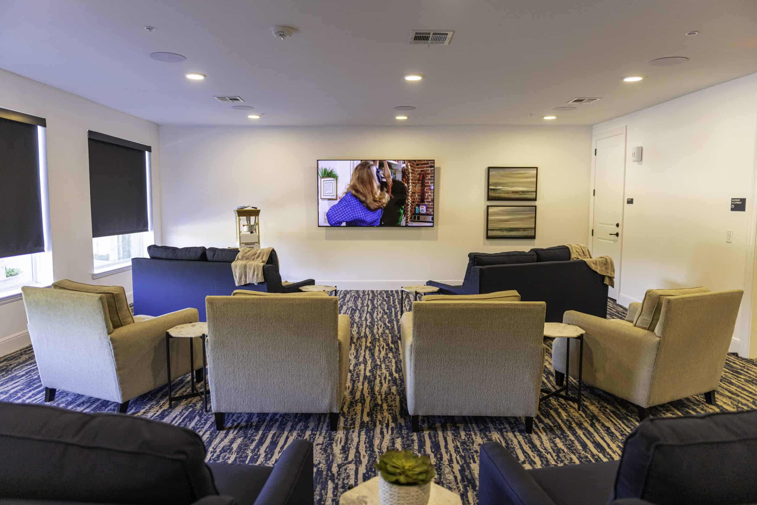 Entertainment lounge and screening room at our 55+ community in Cypress, featuring carpeted flooring and a flat screen TV.